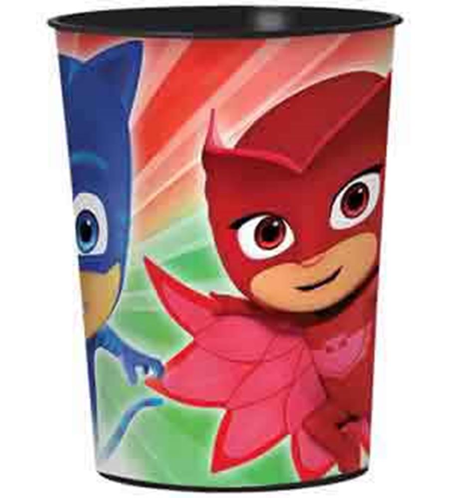 16-ounce plastic favor cup featuring colorful PJ Masks characters Catboy and Owlette on a vibrant background.