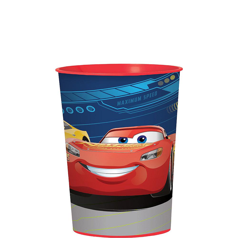 Red plastic cup featuring Lightning McQueen from Disney Cars with blue and gray accents.