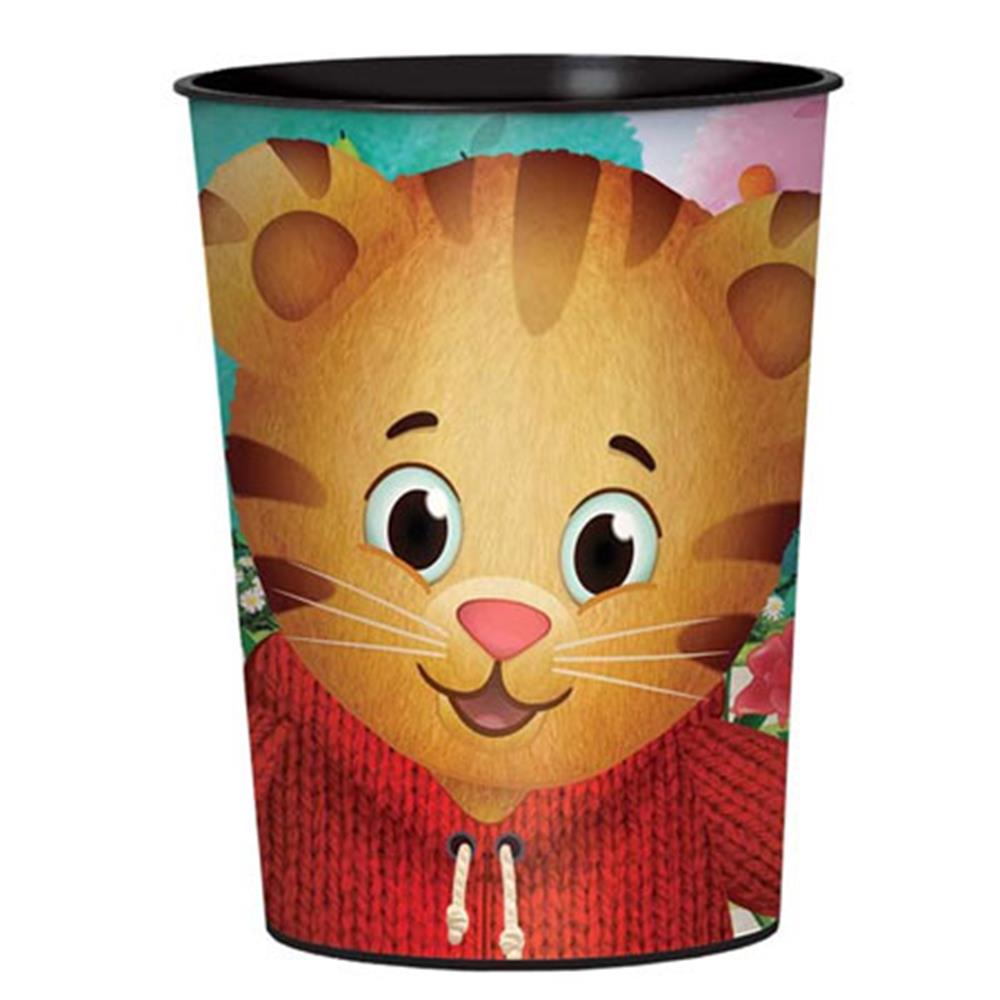 Colorful 16oz plastic cup featuring Daniel Tiger wearing a red sweater with teal background.