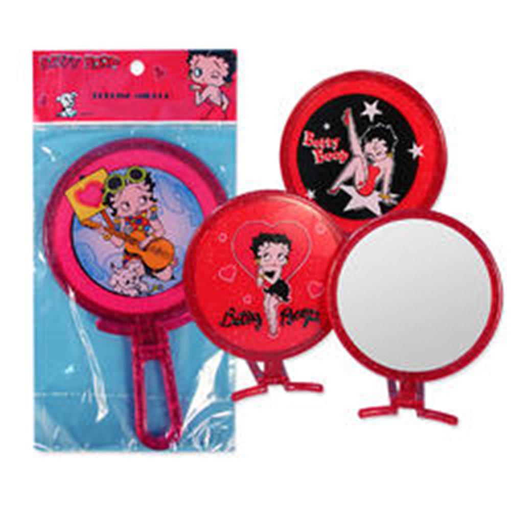 Round handheld Betty Boop mirrors with red and purple frames featuring Betty Boop illustrations and star accents.