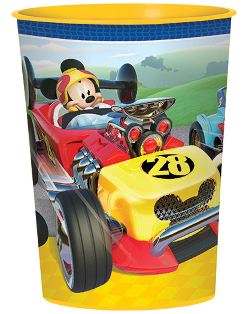 Yellow and red plastic cup featuring Mickey Mouse driving a red race car with the number 28 on a yellow hood.