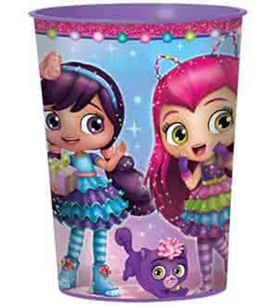 16oz plastic cup with colorful Little Charmers characters and purple lid with string lights design.