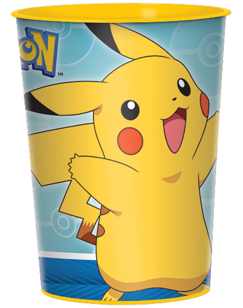 Plastic favor cup featuring Pikachu with bright yellow color and blue background with Pokemon logo.