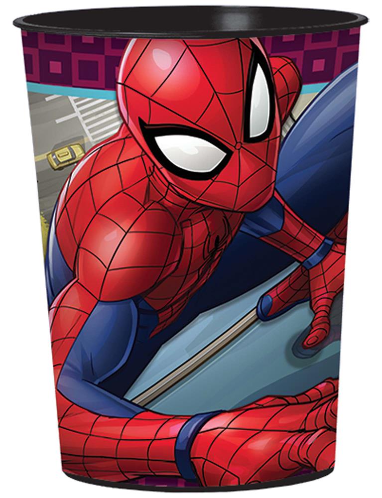 16oz cup featuring Spider-Man in webbed suit crouching on rooftop with city background.