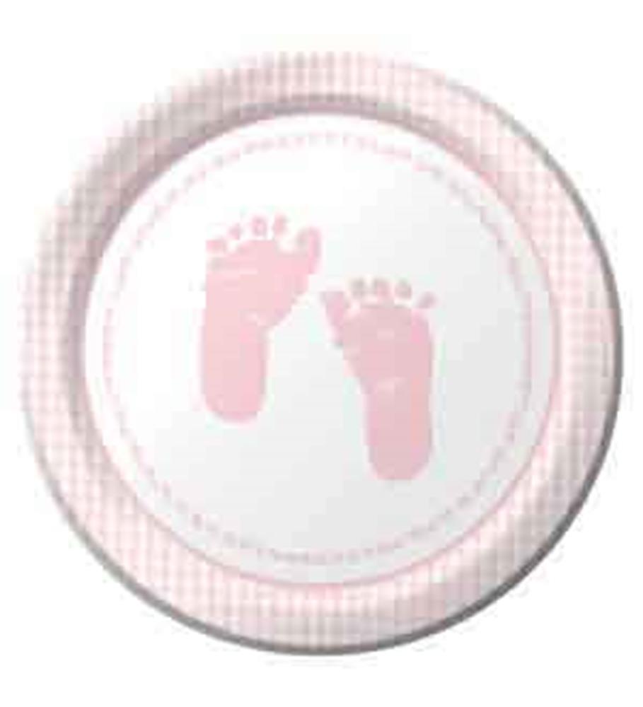 Round white paper plate with pink baby footprints in center and a pink plaid border.