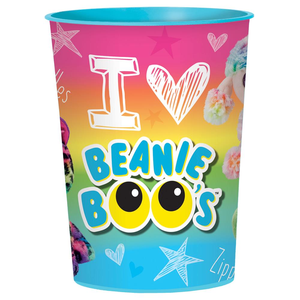 Colorful gradient plastic favor cup featuring Beanie Boos logo with large cartoon eyes and playful hearts and stars design.