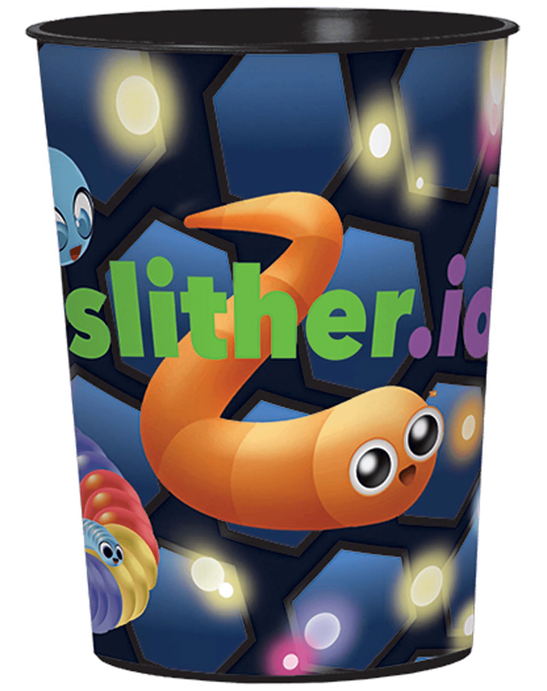 Colorful Slither.io-themed 16oz cup with bright orange snake character and hexagonal background pattern.