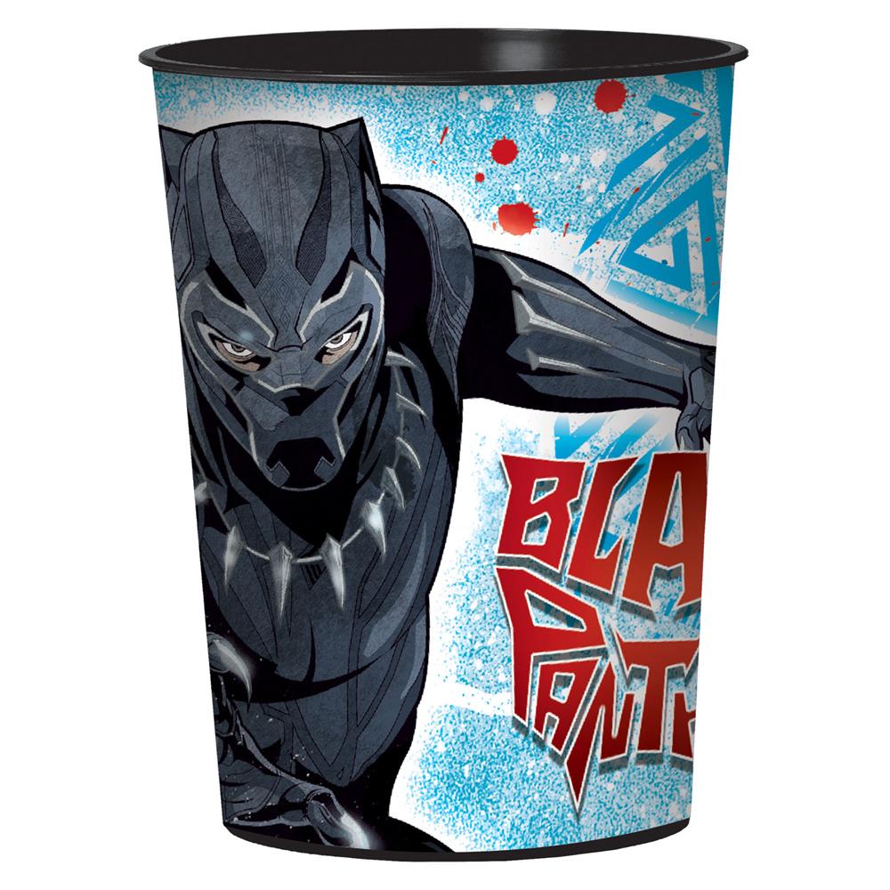 Black Panther-themed plastic favor cup with action pose and blue, red, and black design.