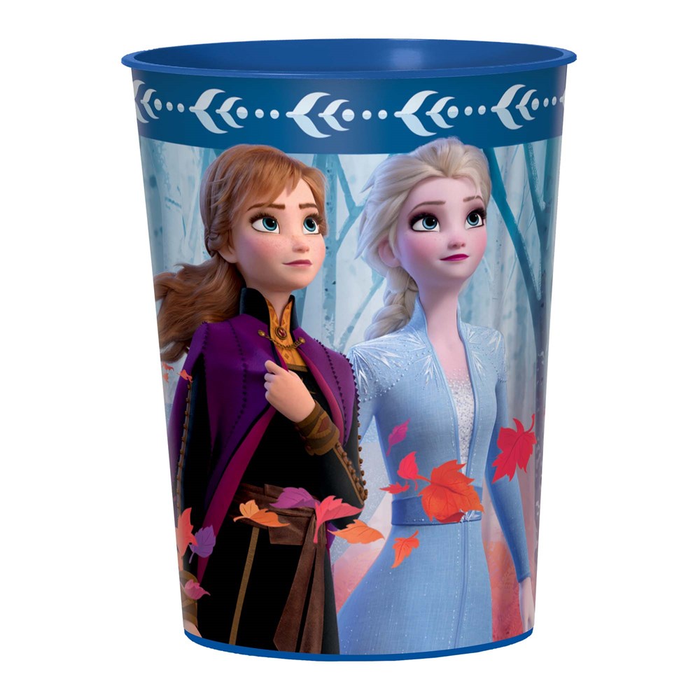 Blue 16-ounce plastic cup featuring Frozen 2 characters Anna and Elsa with falling red leaves design.