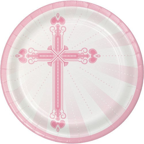 Round pink and white paper plate with a decorative pink cross at the center and scalloped edge.