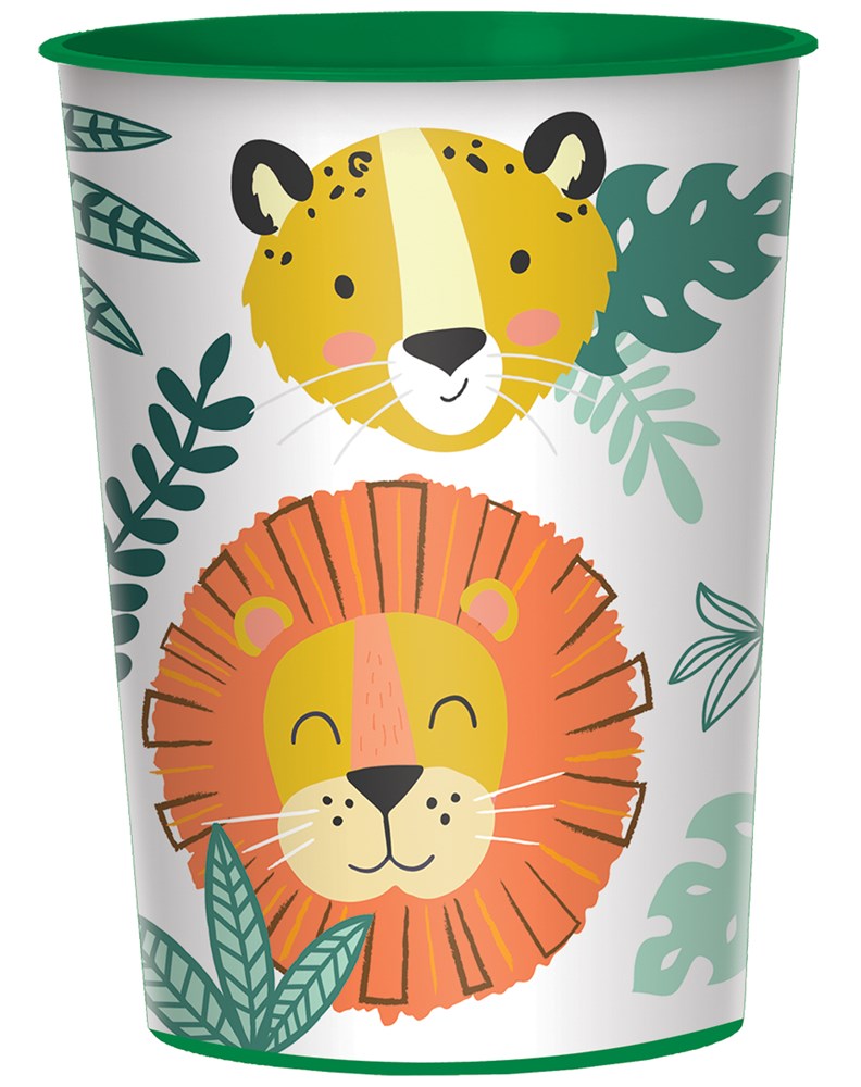 White party favor cup with green rim featuring cartoon lion and cheetah faces surrounded by green leaves.