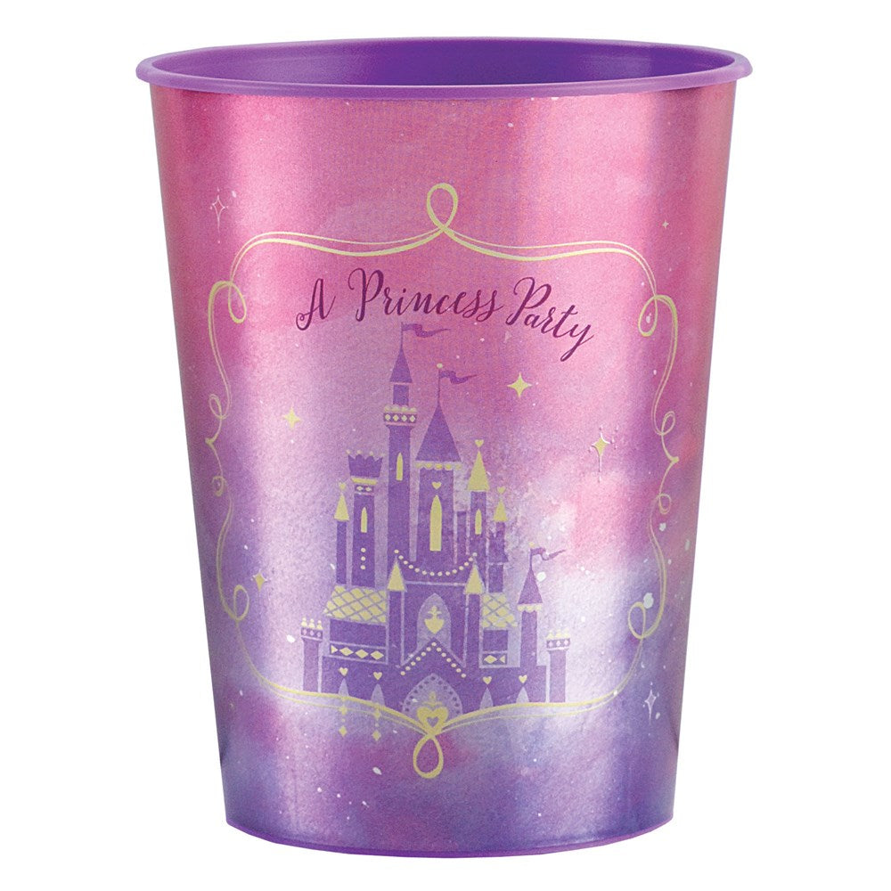 Purple and pink metallic favor cup featuring a gold castle and "A Princess Party" text.