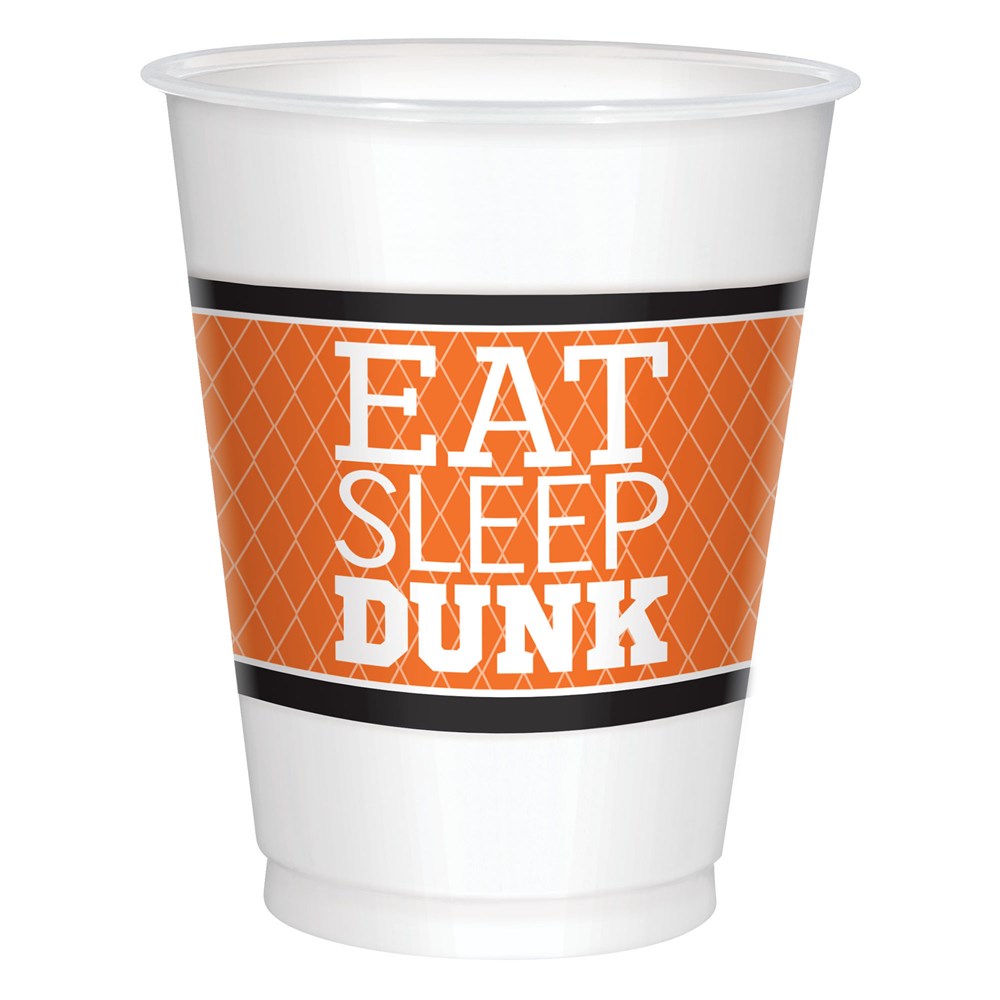 White 16-ounce plastic cup with orange basketball pattern and "EAT SLEEP DUNK" text in white and black bands.