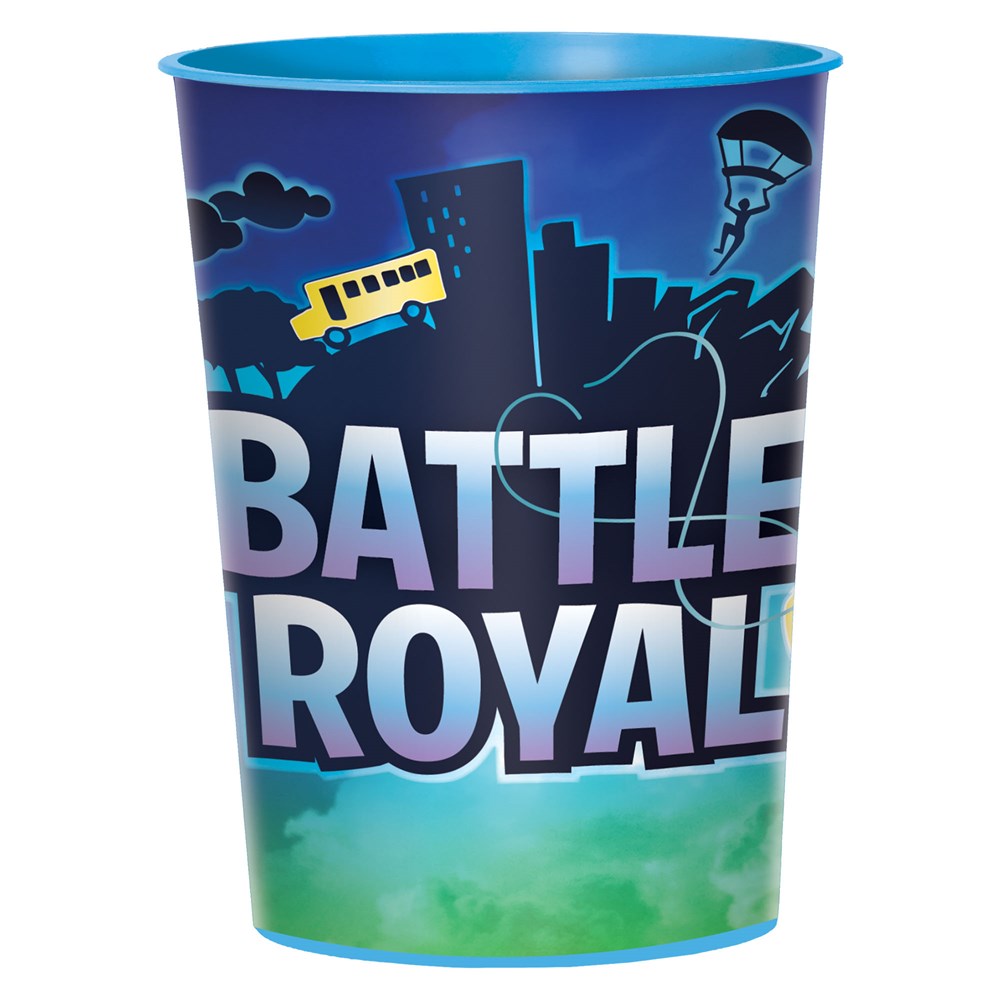 Colorful 16oz cup with Battle Royal text, city skyline, school bus, and parachuting character graphics.