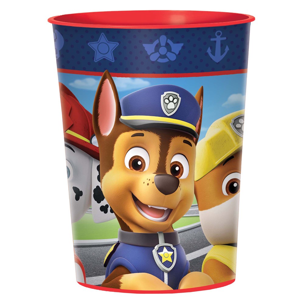 16-ounce plastic favor cup with Paw Patrol characters Chase, Marshall, and Rubble on a blue background and red rim.