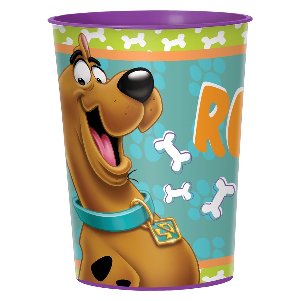 Plastic favor cup with Scooby-Doo graphic, teal background, white bone accents, and purple rim.