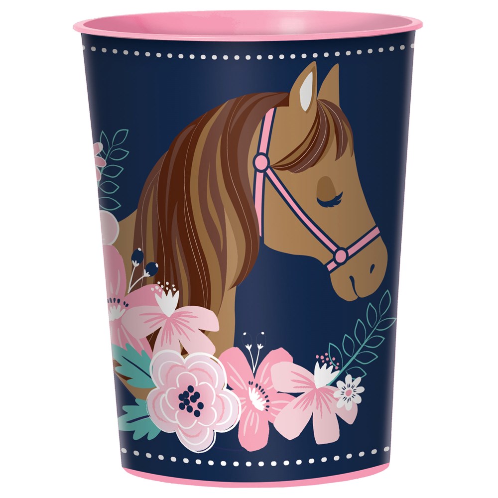 Navy blue 16oz plastic cup with a sleeping brown horse wearing a pink bridle and surrounded by pink and white flowers.