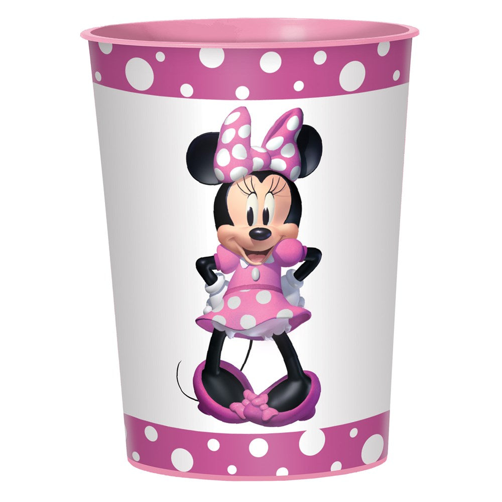 White plastic cup featuring Minnie Mouse in a pink polka dot dress and bow, with pink polka dot borders on top and bottom.