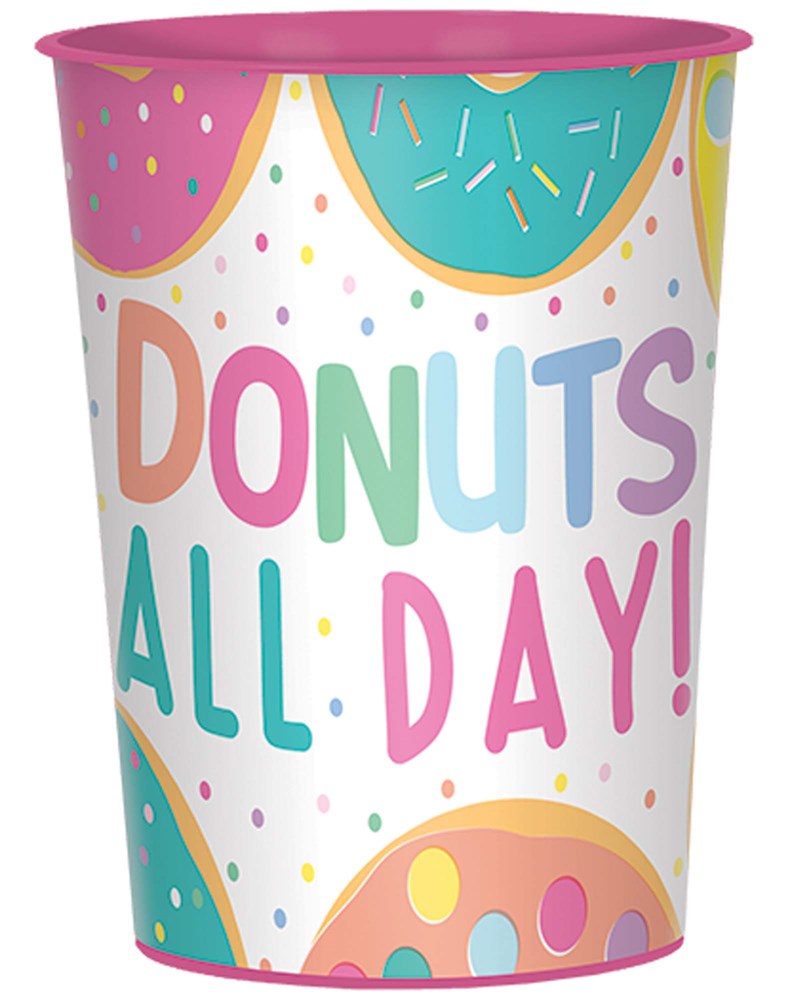 White party favor cup with colorful donut illustrations and "Donuts All Day!" text in playful fonts.