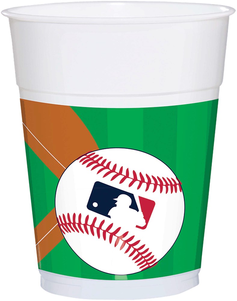 White plastic cup with a green background, featuring a baseball and MLB logo design, 16-ounce size.