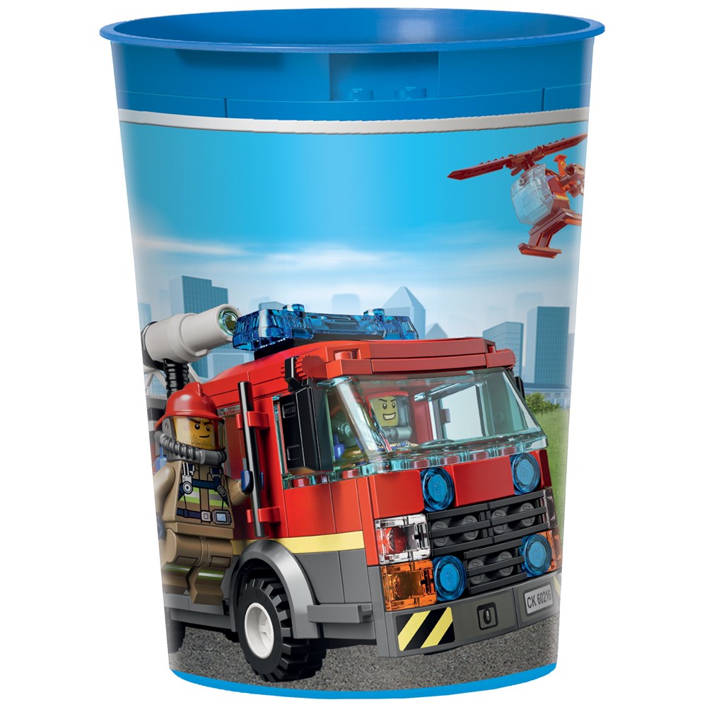 Blue plastic 16oz cup with red fire truck and city helicopter design for kids' parties.
