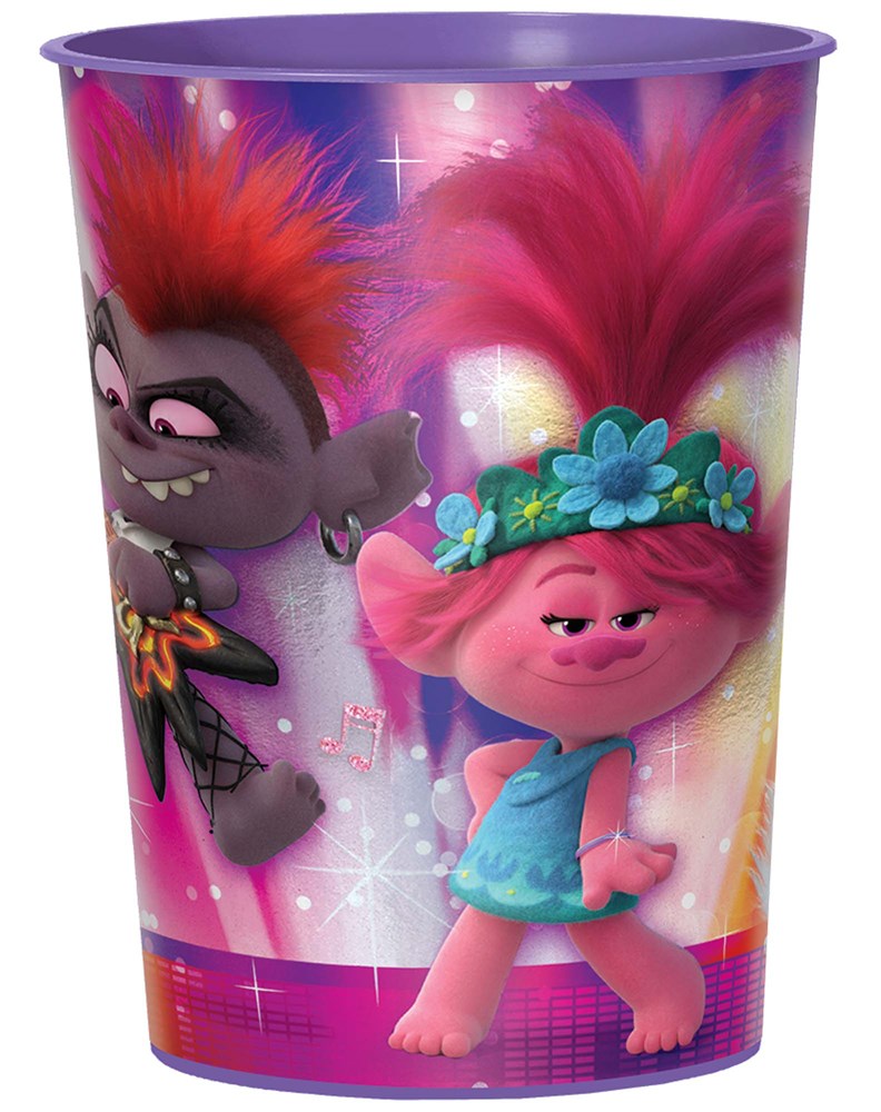 Purple plastic favor cup featuring metallic Trolls characters with bright red and pink hair and colorful musical notes.