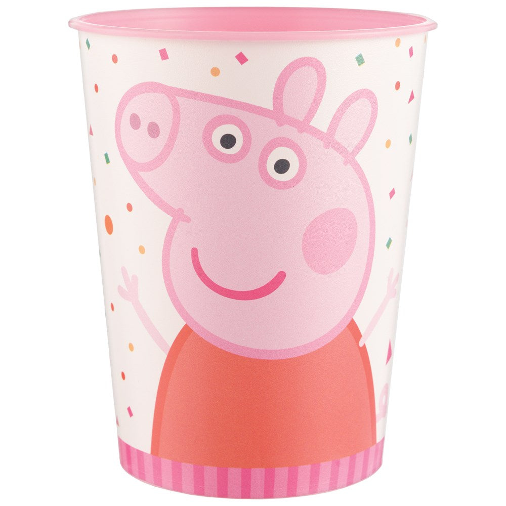 16oz white plastic cup with pink rim featuring Peppa Pig and colorful confetti design.