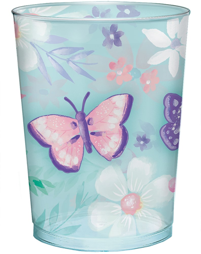 Light blue plastic cup with pink and purple butterfly and pastel floral designs.