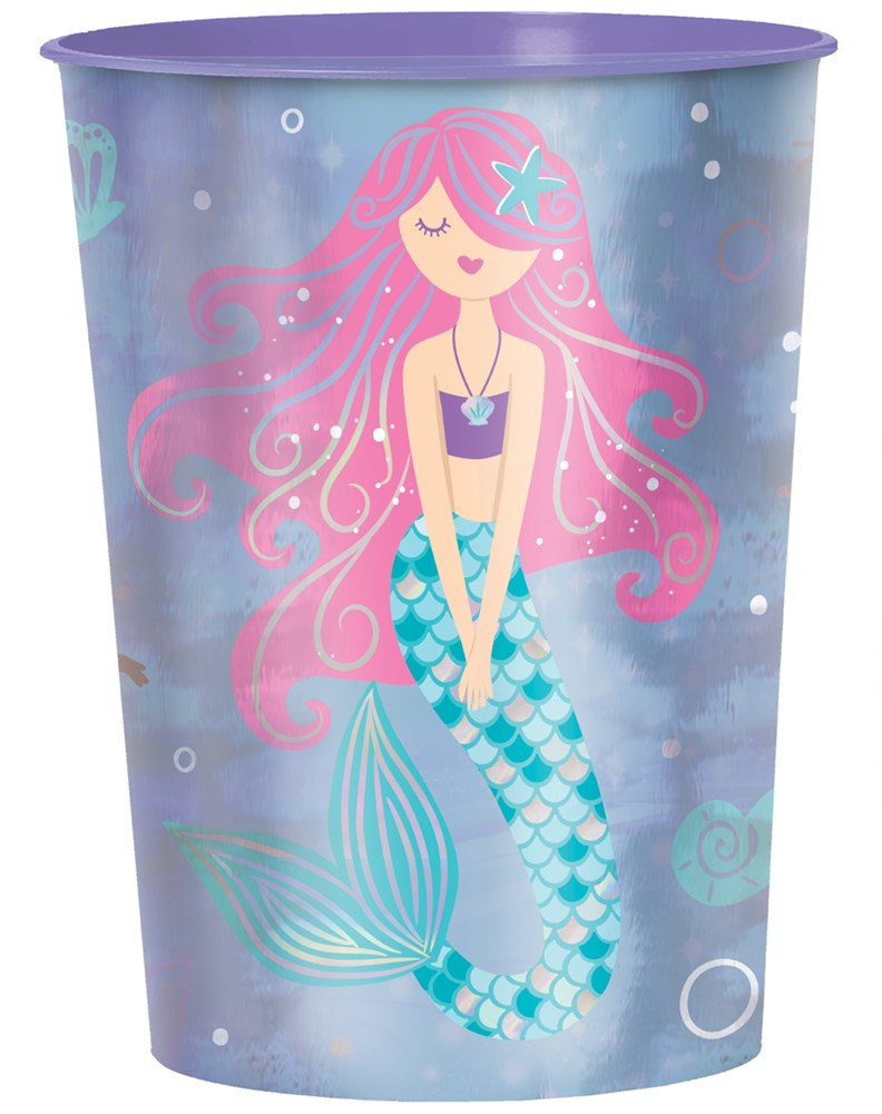 Purple cup with a colorful cartoon mermaid featuring pink hair and a turquoise scaled tail.