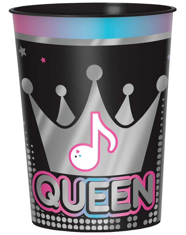 Black metallic plastic favor cup with silver crown, pink musical note, and "QUEEN" text in pink and white.