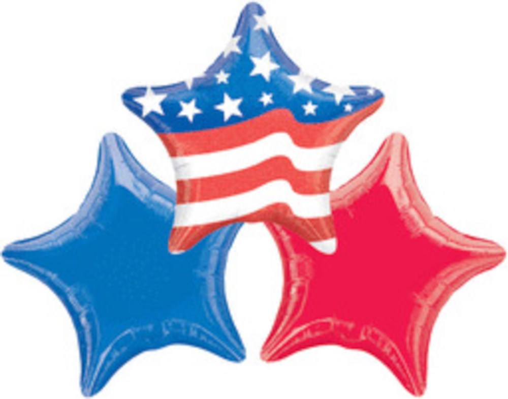 Star-shaped foil balloons in red, blue, and a red, white, and blue American flag pattern.