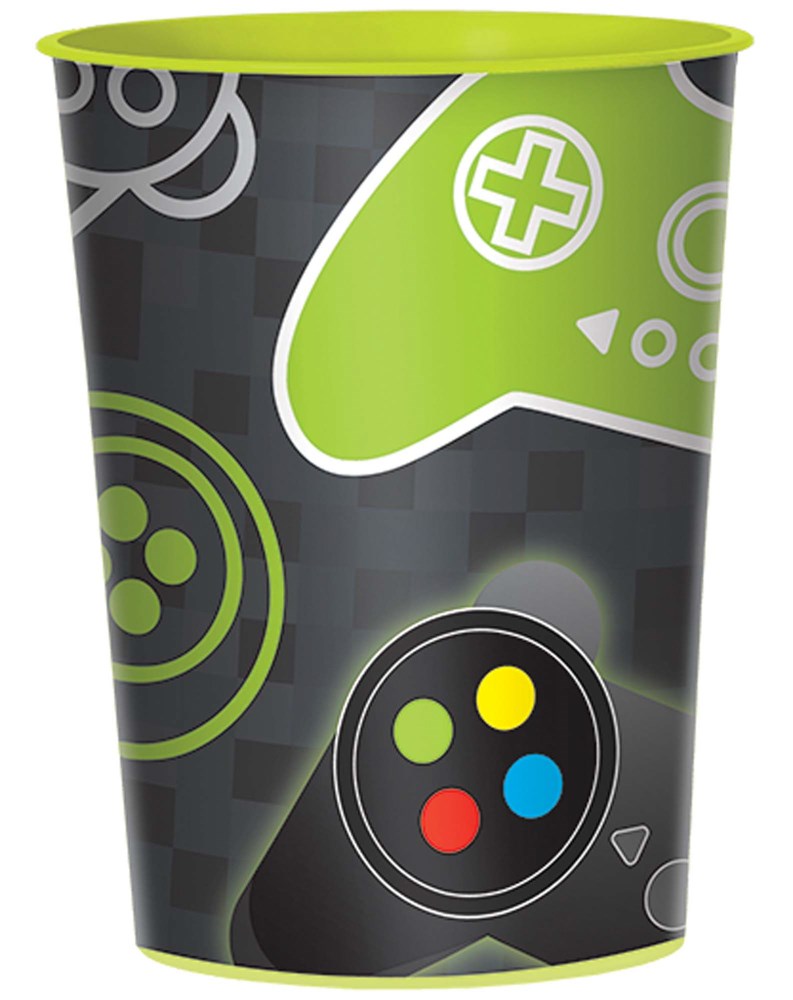 Black plastic favor cup with neon green rim and colorful video game controller design.
