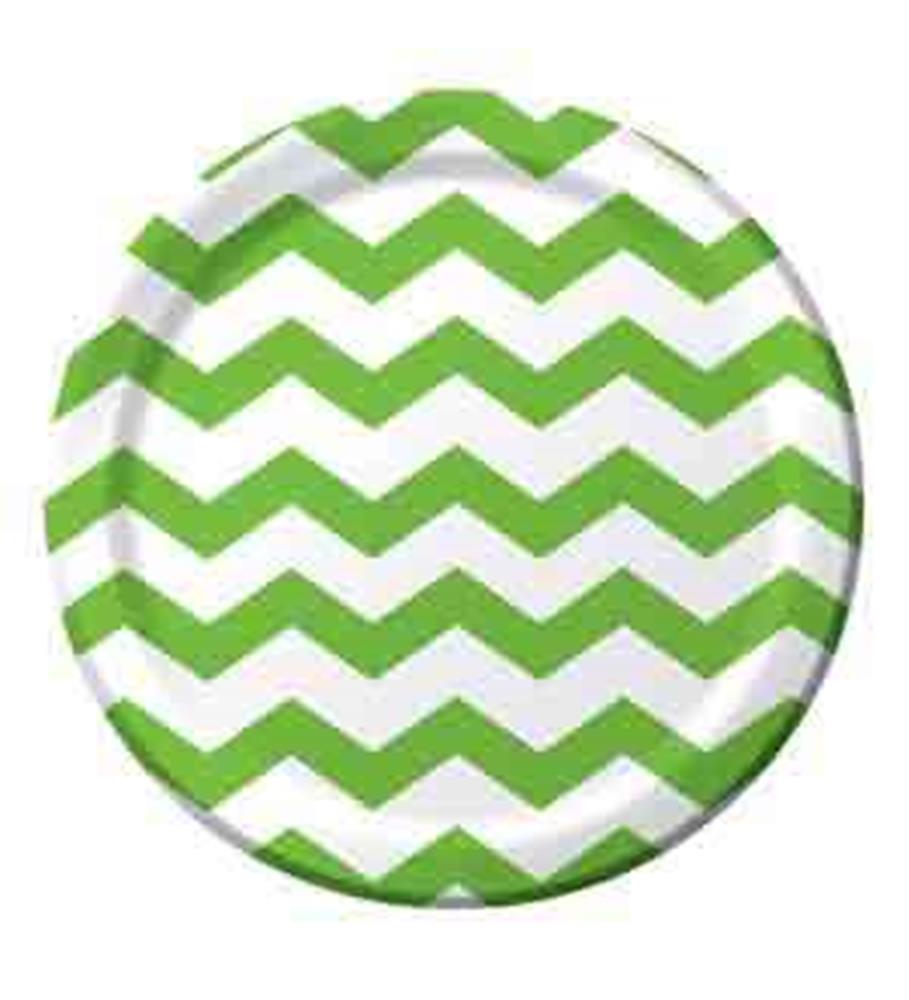 9-inch round plate with bright green chevron stripes and white background.