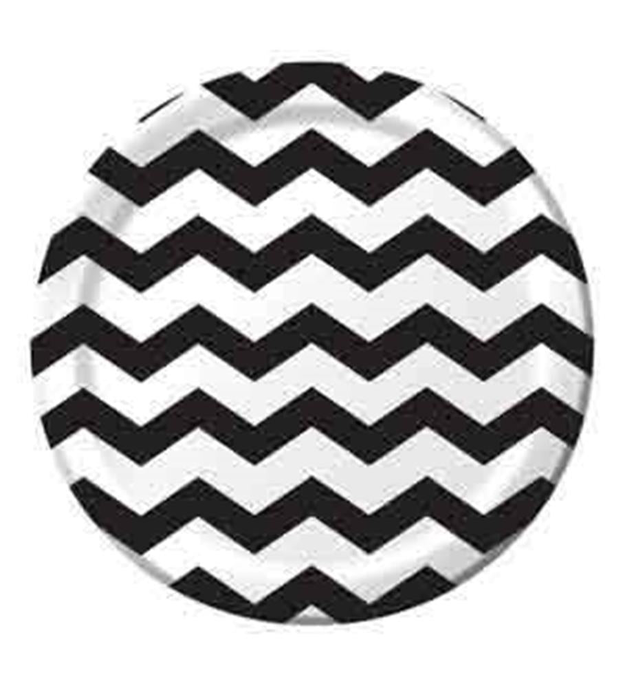 Round ceramic plate with bold black and white chevron stripes pattern.