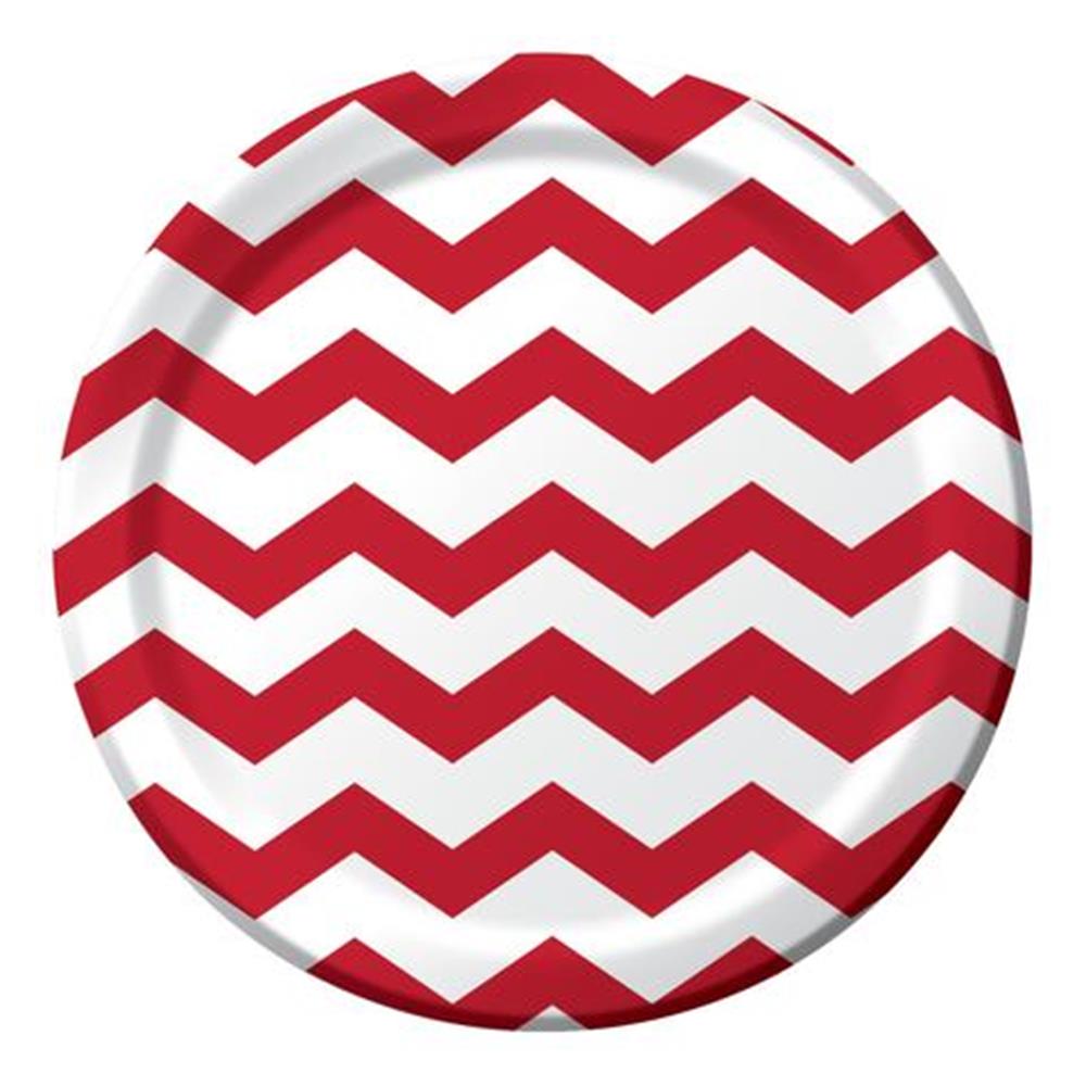Round disposable plate with red and white chevron pattern, large size.