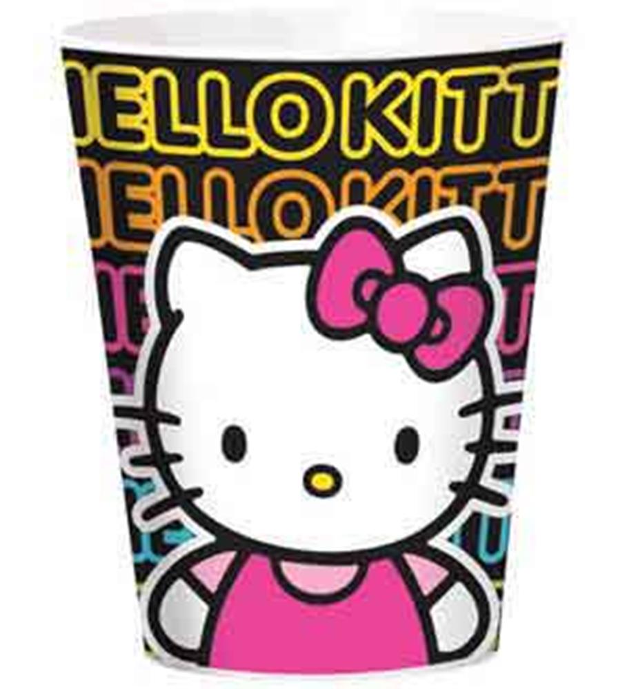 16oz black plastic cup with repeated Hello Kitty text and large Hello Kitty face wearing a pink bow and shirt.