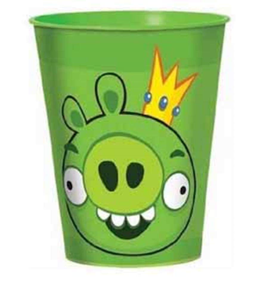Green plastic cup featuring a smiling cartoon pig wearing a yellow crown from Angry Birds, 16oz capacity.