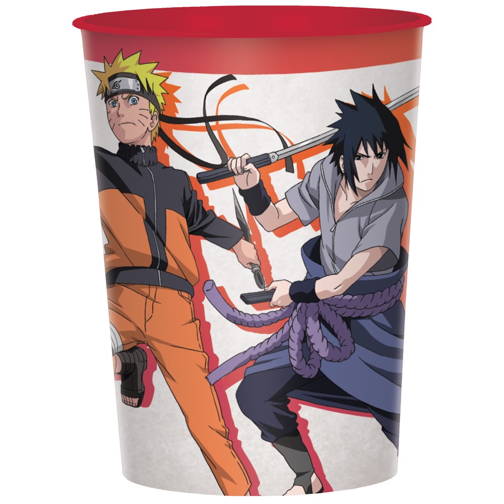 Plastic party favor cup featuring colorful Naruto and Sasuke characters with a red rim.