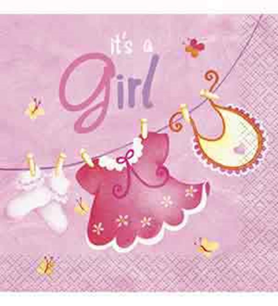 Pink baby shower napkin with "It's a Girl" text and clothesline featuring baby dress, booties, and bib designs.