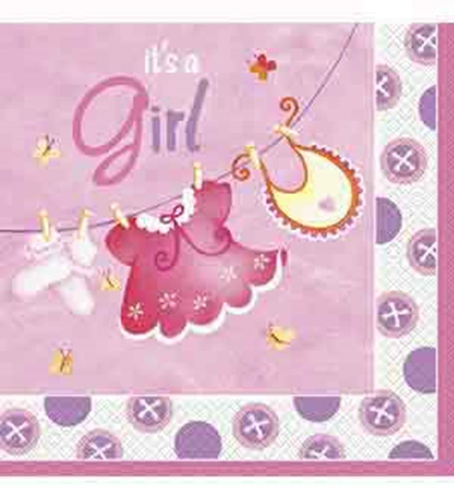 Pink paper napkin with clothesline design featuring baby dress, bib, and socks, decorated with butterflies and "It's a.