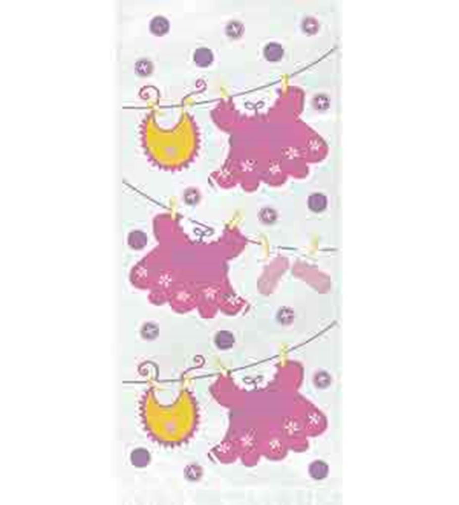 Clear cello bag with pink clothsline design featuring hanging pink dresses, yellow bibs, and pink socks with purple polka.