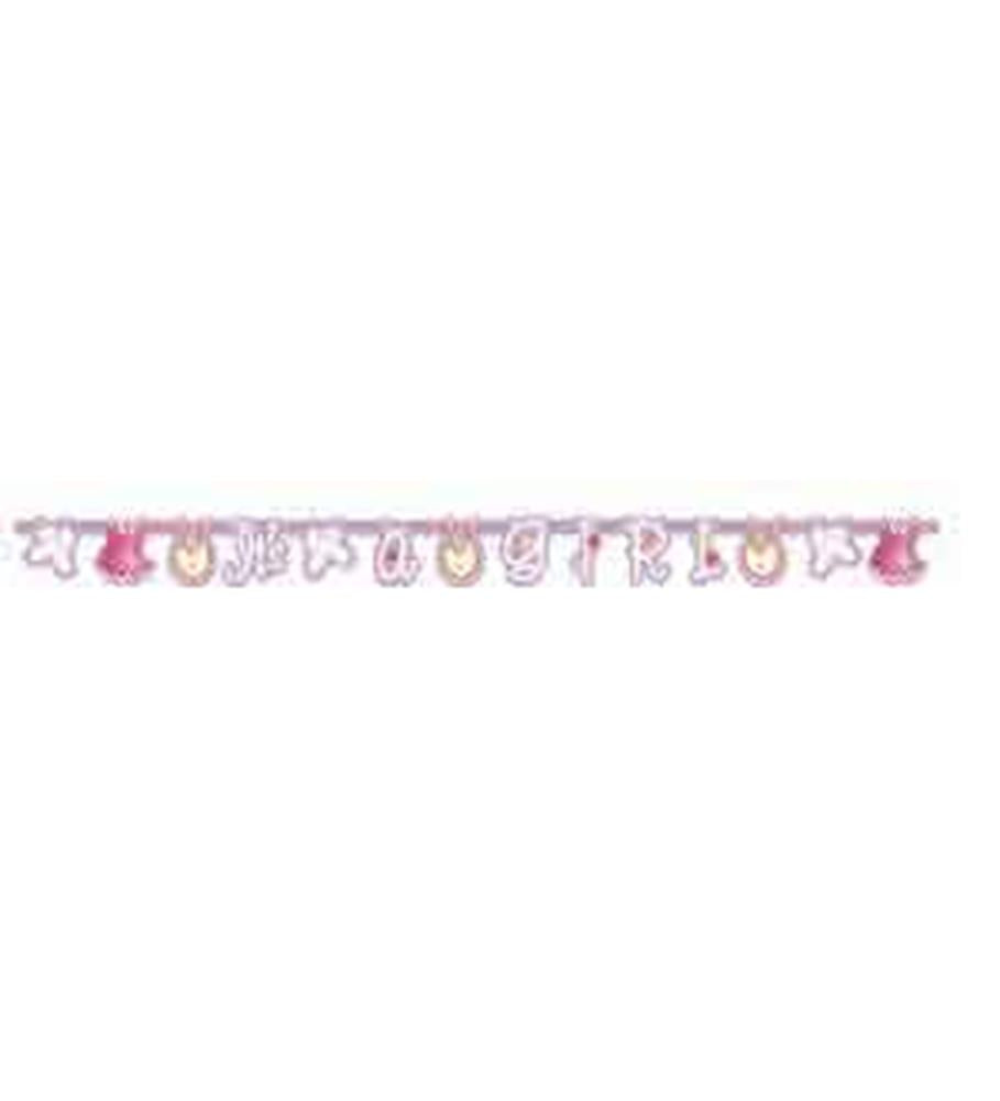 Clothesline banner with pink letters and baby-themed shapes hanging on a string for baby shower or gender reveal.