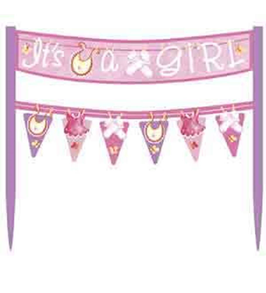 Pink and purple baby shower cake banner with "It's a Girl" text and baby clothes designs on triangular flags.