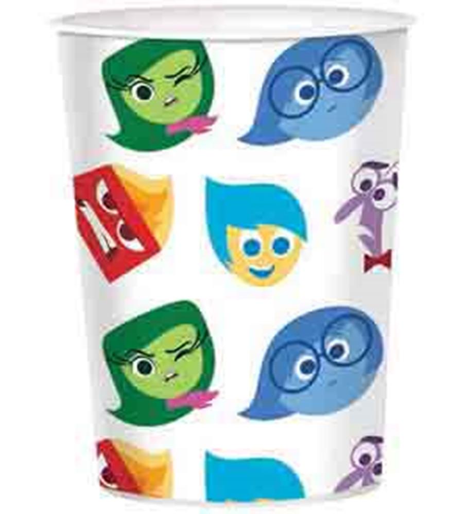 16oz white plastic cup with colorful Inside Out character faces for kids parties.