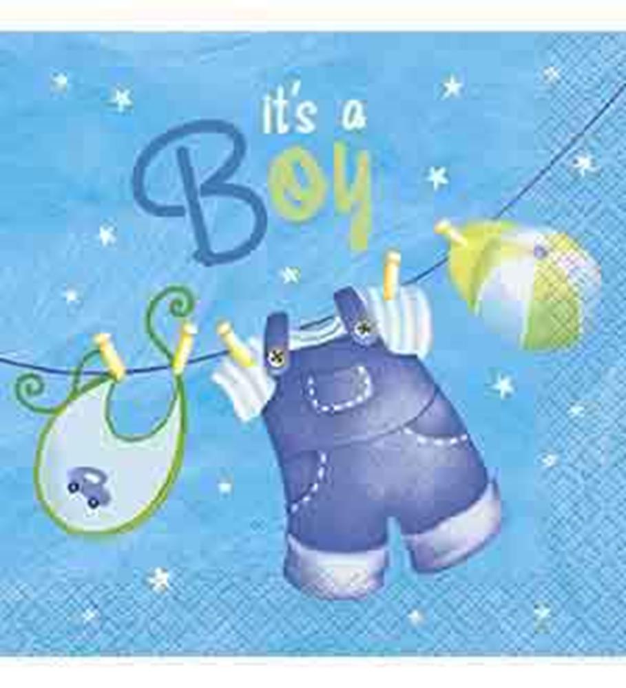 Blue baby shower napkin with "It's a Boy" text and baby clothes hanging on a clothesline design.
