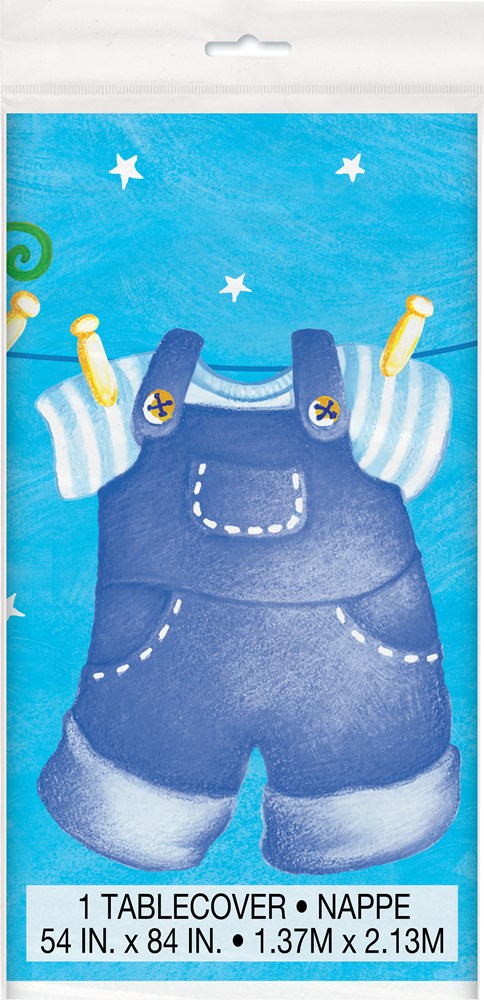 Blue rectangular tablecover with baby overalls, socks, stars, and pastel clothespins design.