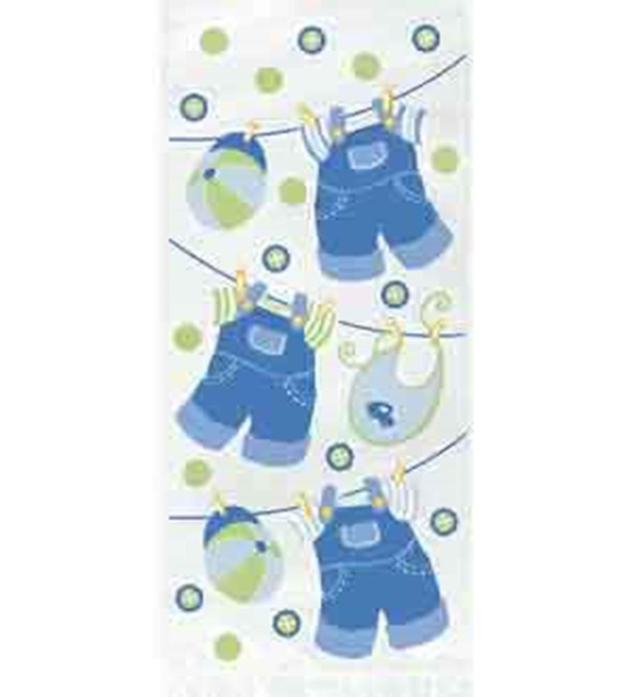 Blue denim-style baby overalls and green-striped hats hanging on a clothesline, with green and blue polka dot background on.