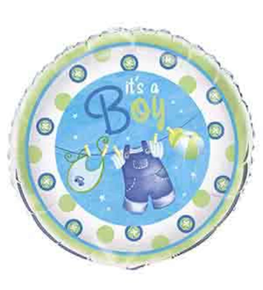 Round blue foil balloon with "It's a Boy" text and baby clothes hanging on a clothesline design.