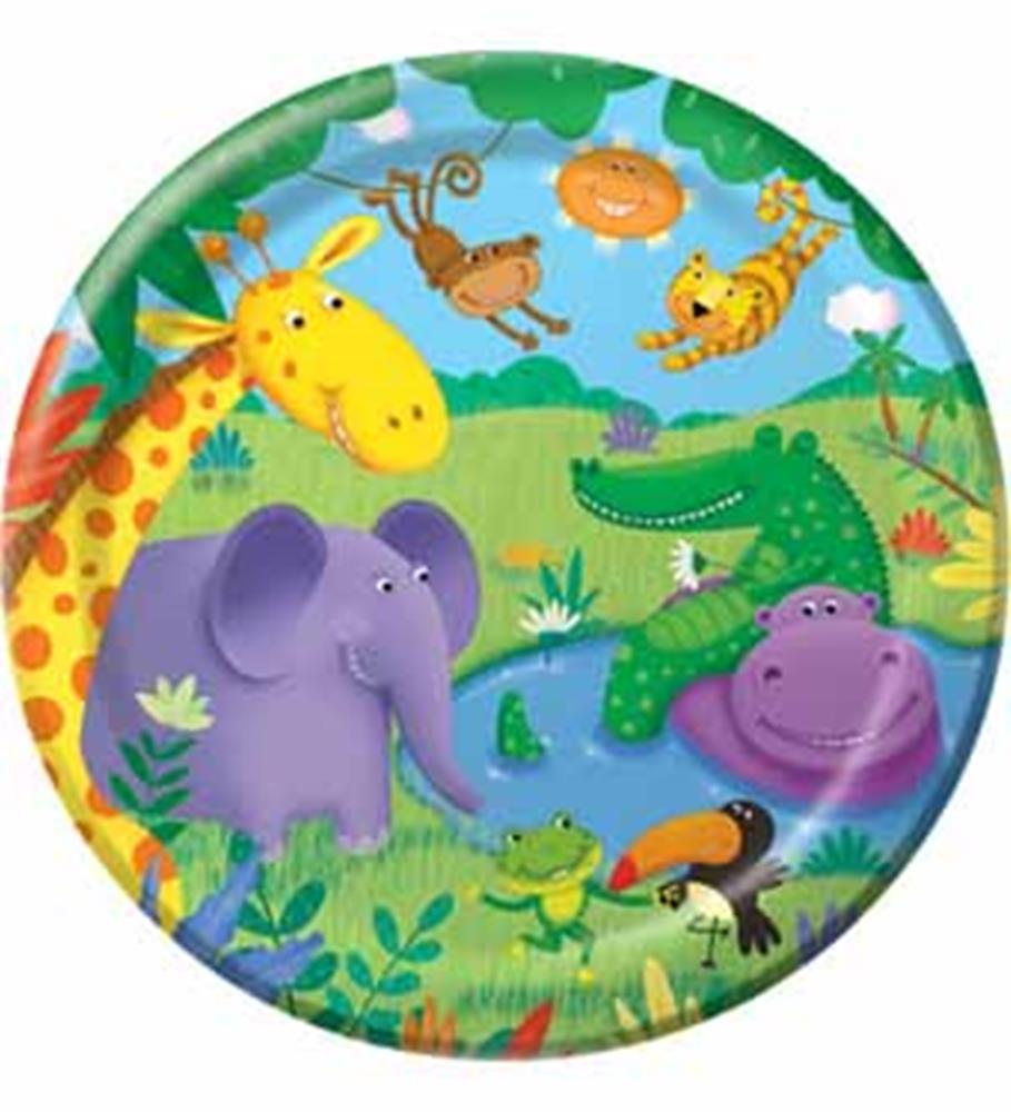 Round paper plate with colorful jungle animals including giraffe, monkey, tiger, elephant, crocodile, hippo, frog, and.