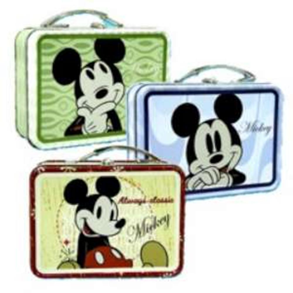 Set of three small rectangular metal tins featuring classic Mickey Mouse illustrations in green, blue, and beige tones with.